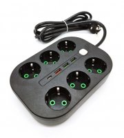 2 méteres hálózati elosztó, 6 db konnektor aljzattal, 3 db USB-vel és 1 db USB C bemenettel